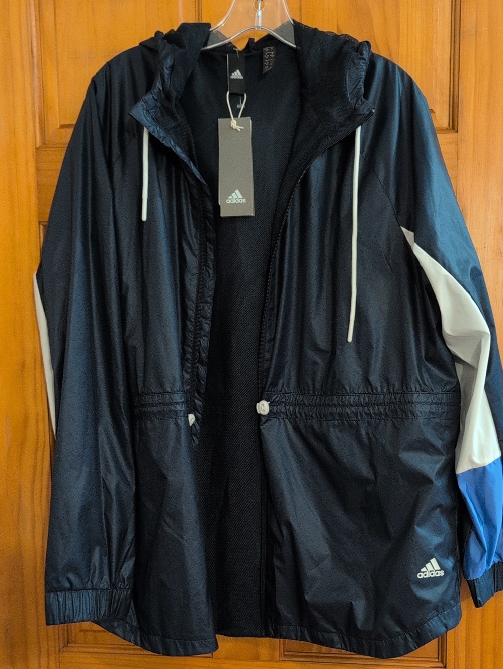 adidas Black Hooded Windbreaker with White and Blue Accents